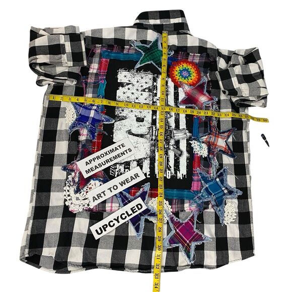 Upcycled Flannel Shirt Shacket Womens 3X NRA Patriot Grunge Patchwork Folk Art - Picture 3 of 16